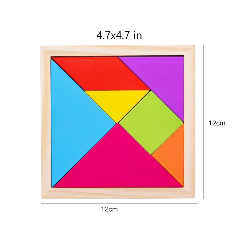 Seven Piece Wooden Tangram Set in Bright Colors for Pattern Play At Home Or in Class