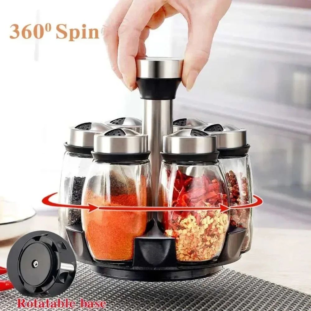 7-Piece Rotating Spice Jar Set with Rack – Glass Kitchen Spice Organizer for Salt, Pepper & Seasonings