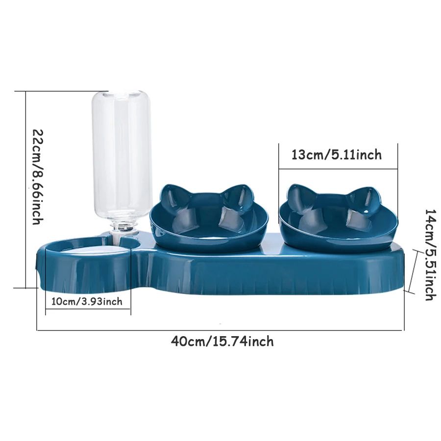 Triple Cat Bowls Feeder with Automatic Water Bottle – Tilted & Rotatable Pet Feeding Station
