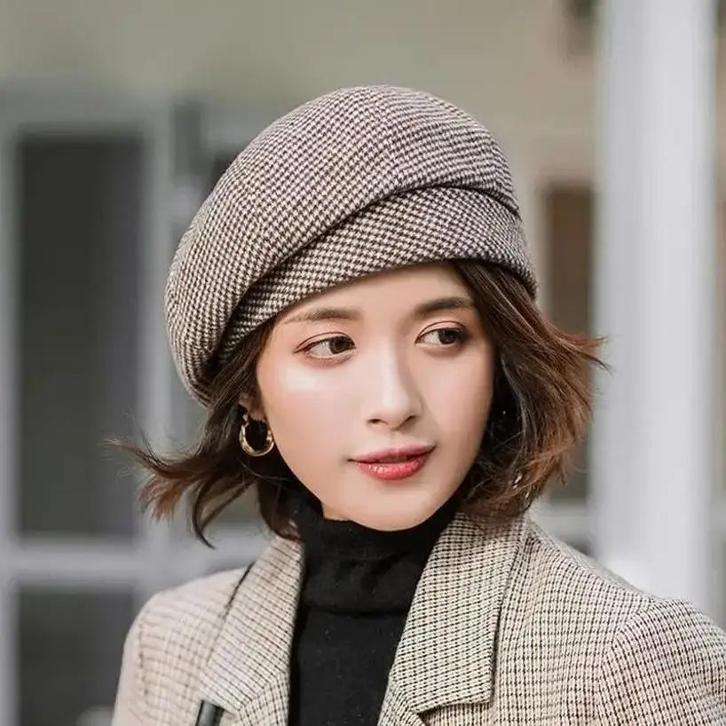 Classic Houndstooth Beret - Chic women beret hat in Korean-Inspired British Style
