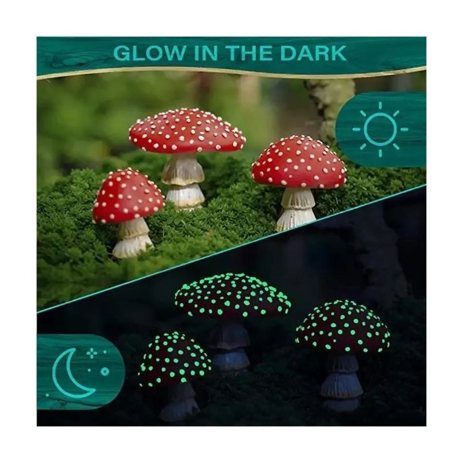 GlowShroom 3-Piece Mini Mushroom Garden Decor - Glow-in-the-Dark Fairy Garden Miniatures