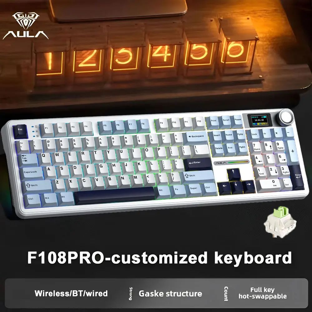 AULA F108 Pro Tri-Mode Wireless Mechanical Keyboard - RGB Gaming Keyboard with TFT Smart Display & Control Knobs