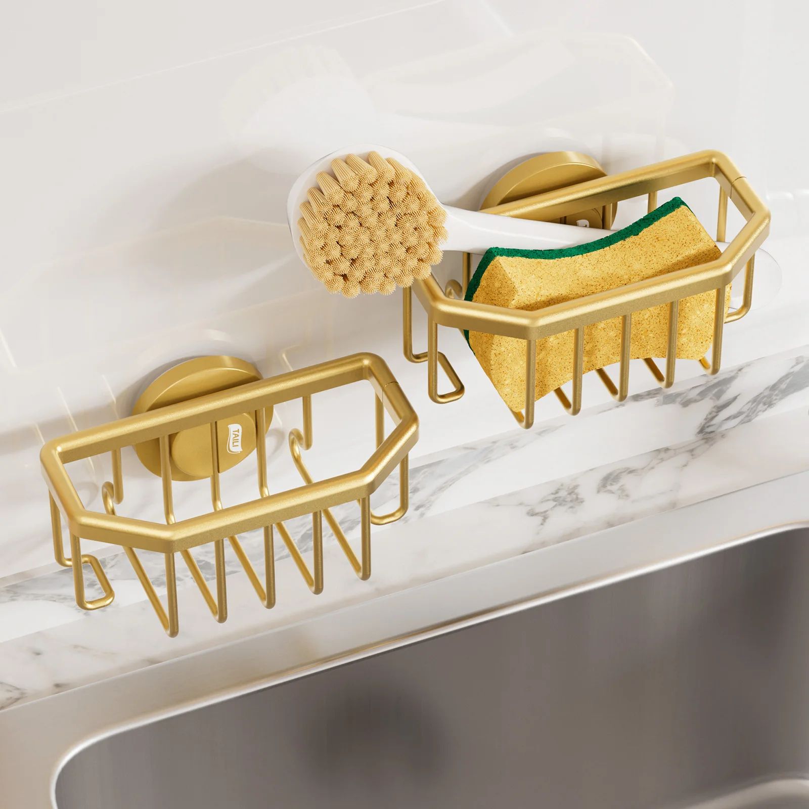 TAILI Gold Sponge Holder for Kitchen Sink – Rustproof Aluminum Suction Sink Caddy