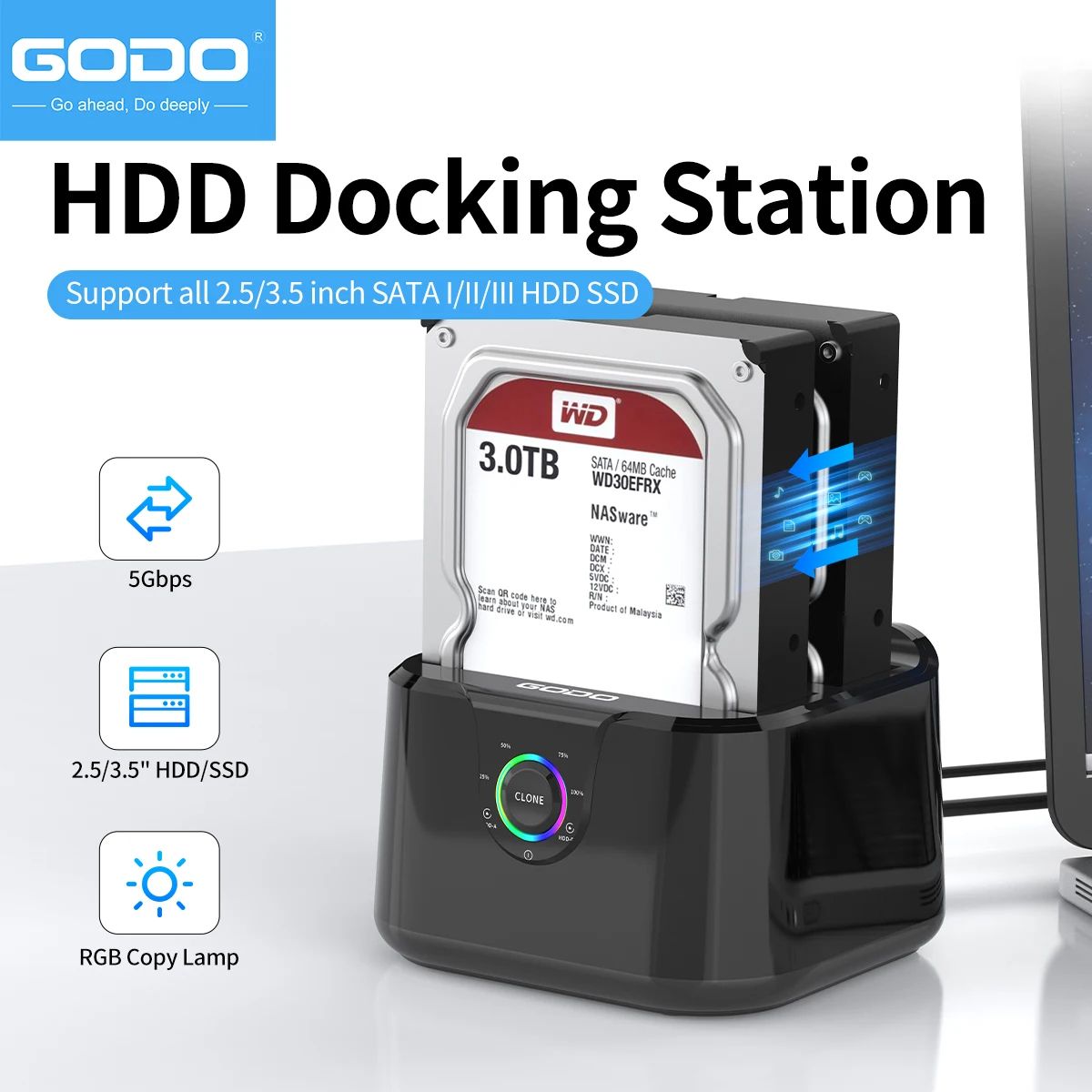 GODO Dual Bay Hard Drive Docking Station - USB 3.0 SATA HDD/SSD Dock for 2.5 & 3.5 Inch Drives