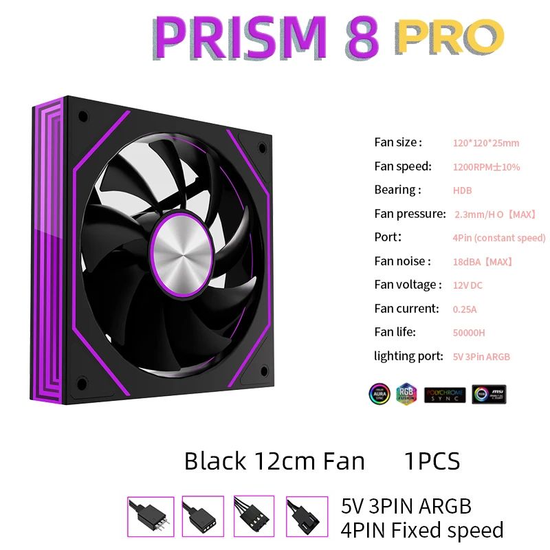 METALFISH PRISM 8 Pro 120mm ARGB Case Fan - Quiet 5V 3-Pin PC Cooling Fan