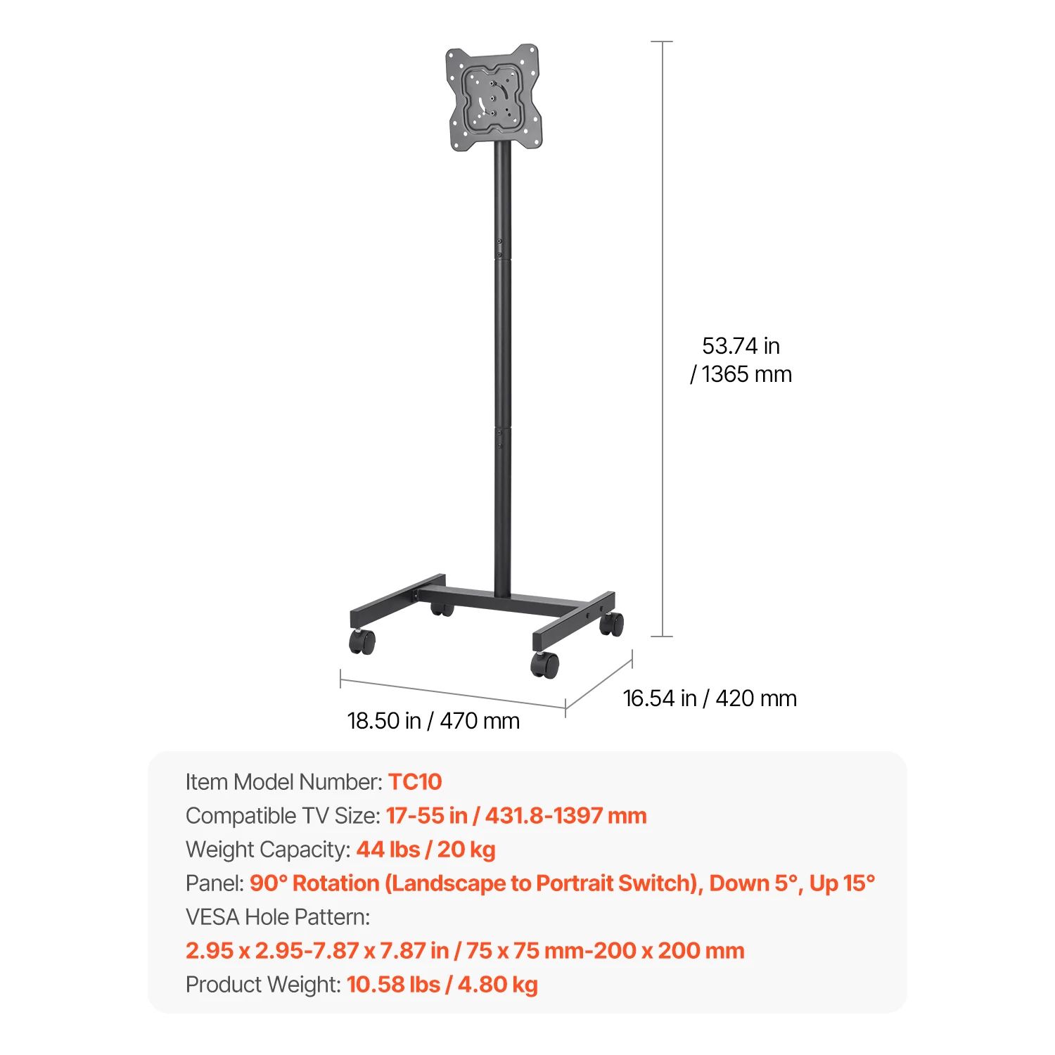 SucceBuy Mobile Rolling TV Stand Cart with Wheels for 32-65 Inch TVs