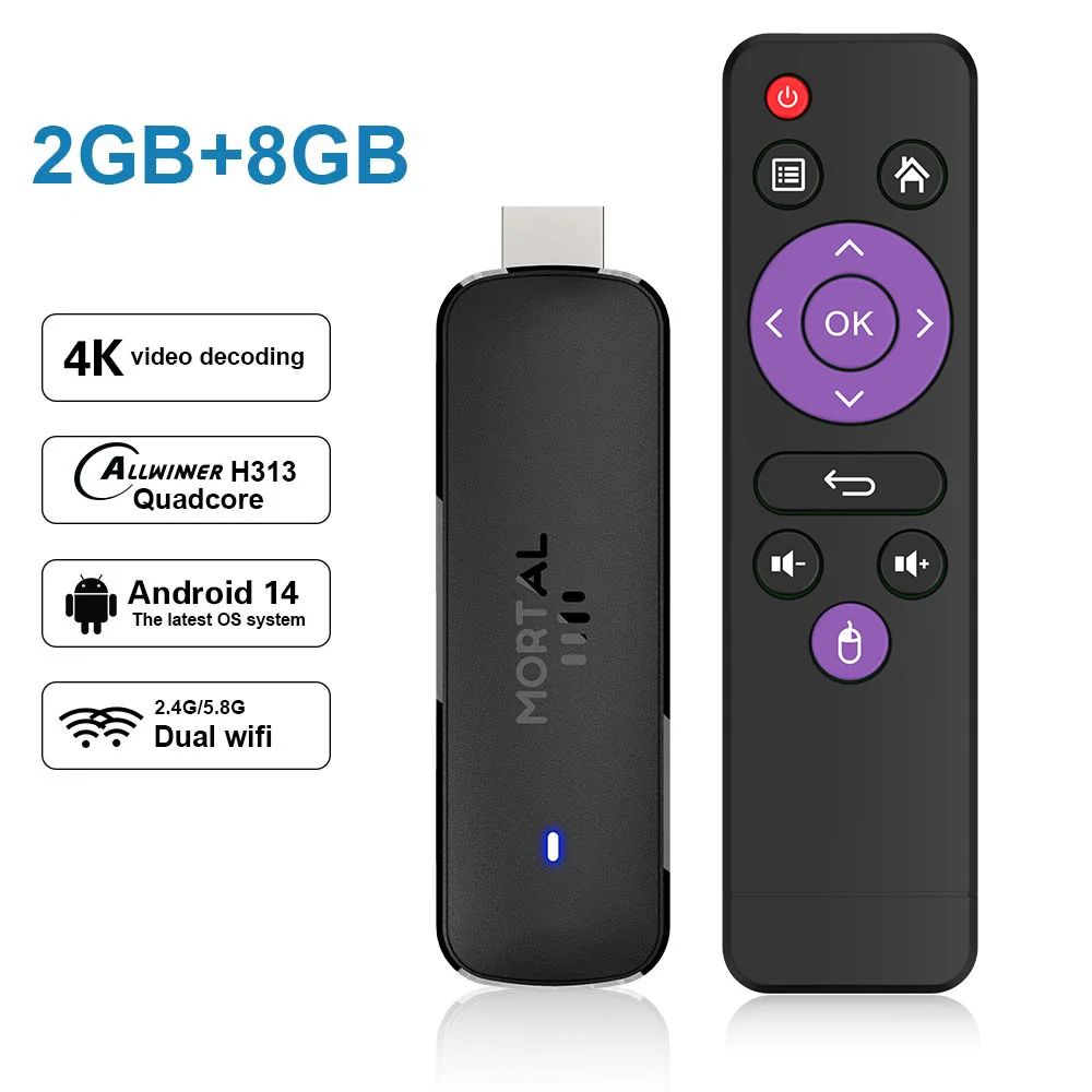 Mortal Q8 Android 14 TV Stick 8K WiFi 6 Streaming Media Player with Voice Remote