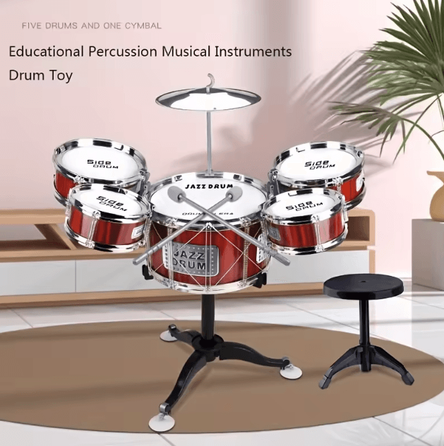 Kids Jazz Drum Set with Stool & Pedal 5 Drum Musical Instrument Kit for Toddlers