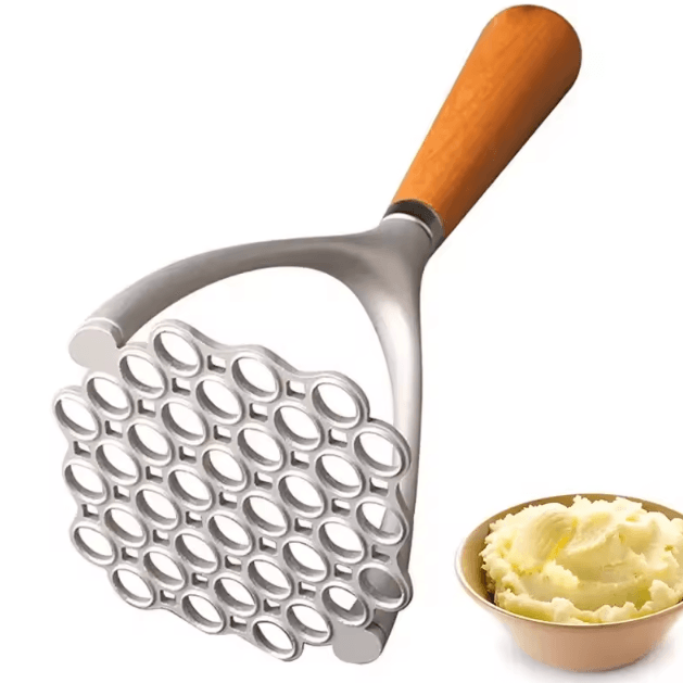 Aluminum Manual Potato Masher – Heavy-Duty Wooden Handle Kitchen Crusher & Food Mashing Tool