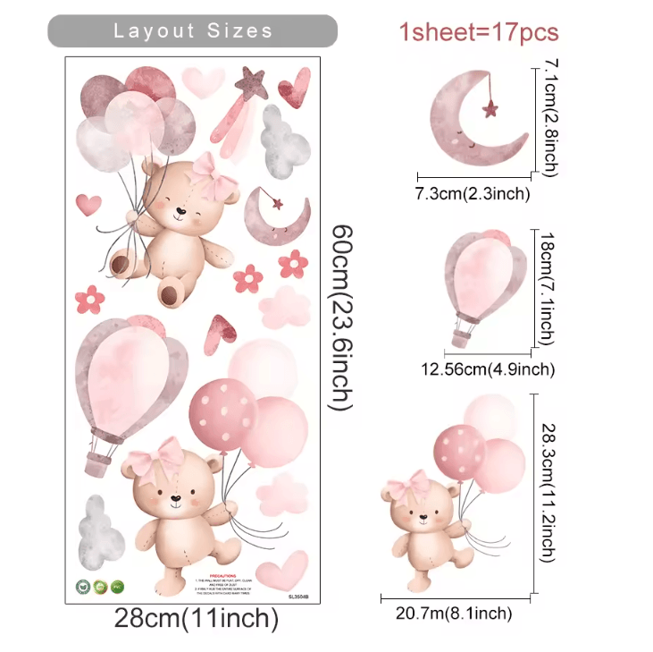 Pink Cartoon Bear Wall Stickers – Cute Nursery Wall Decals for Kids Room & Baby Decor