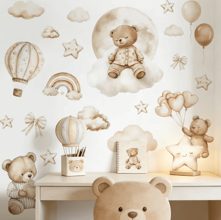 Boho Teddy Bear Balloon Wall Stickers – Watercolor Nursery Wall Decals for Kids Room Decor
