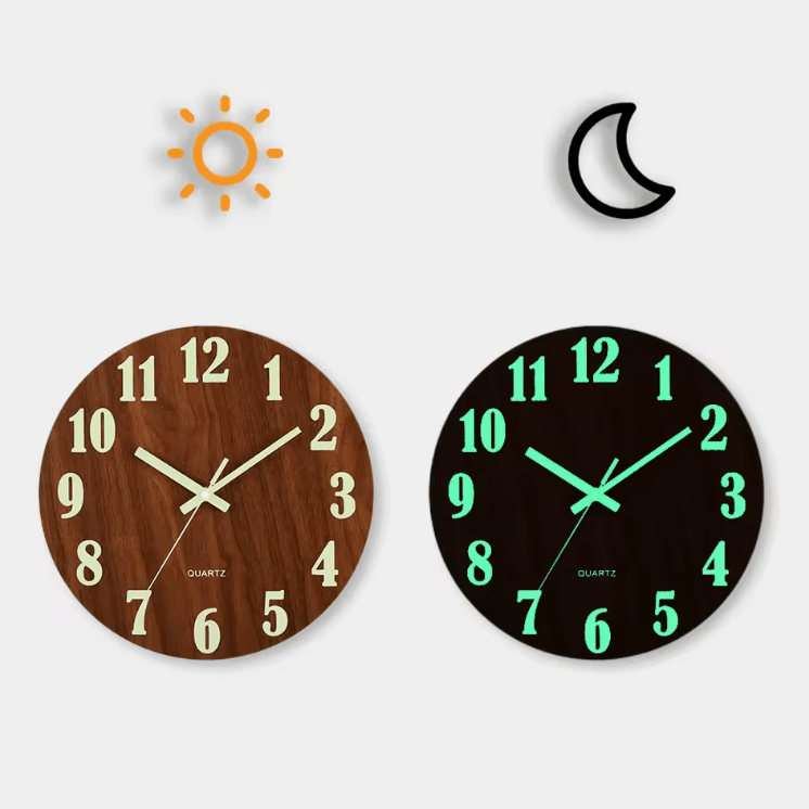 12-Inch Luminous Wooden Wall Clock โ Silent Nordic Glow Night Light Design