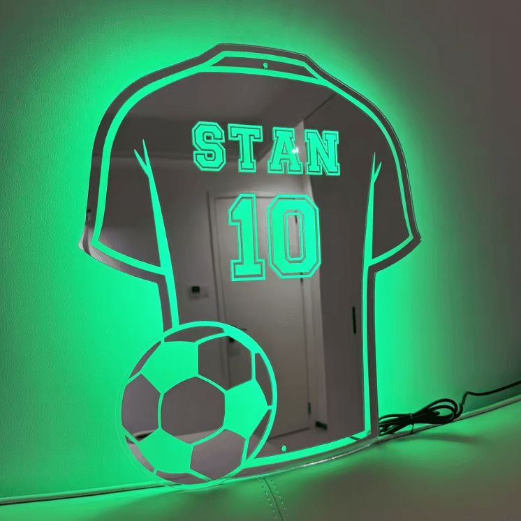 Custom Football Shirt LED Mirror – Personalized Name & Number Light Decor