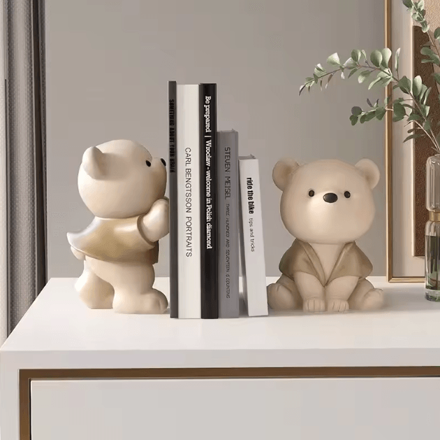 Cute Bear Bookend Decor - Cream Resin Figurine for Stylish Home & Shelf Display