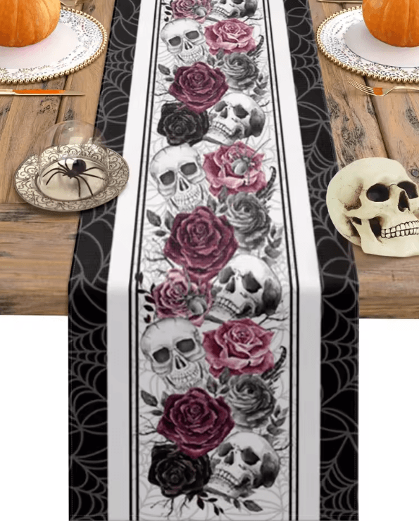 Gothic Skull Rose Crow Linen Table Runner – Halloween Party Dining Decor