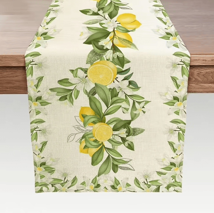 Fresh Lemon Blossom Linen Table Runner – Bright lemon table runner with Floral Leaves for Summer Farmhouse Decor
