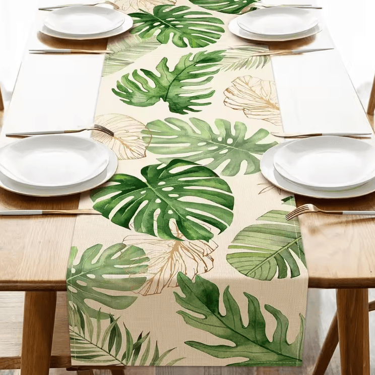 Tropical Palm Leaves Linen Table Runner – Vibrant tropical table runner for Summer & Outdoor Dining Decor