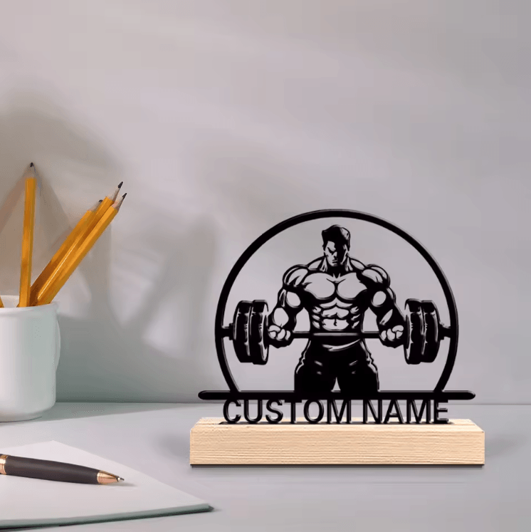 Personalized Weightlifting Metal Art Statue – Custom Gym Figurine with Wooden Base