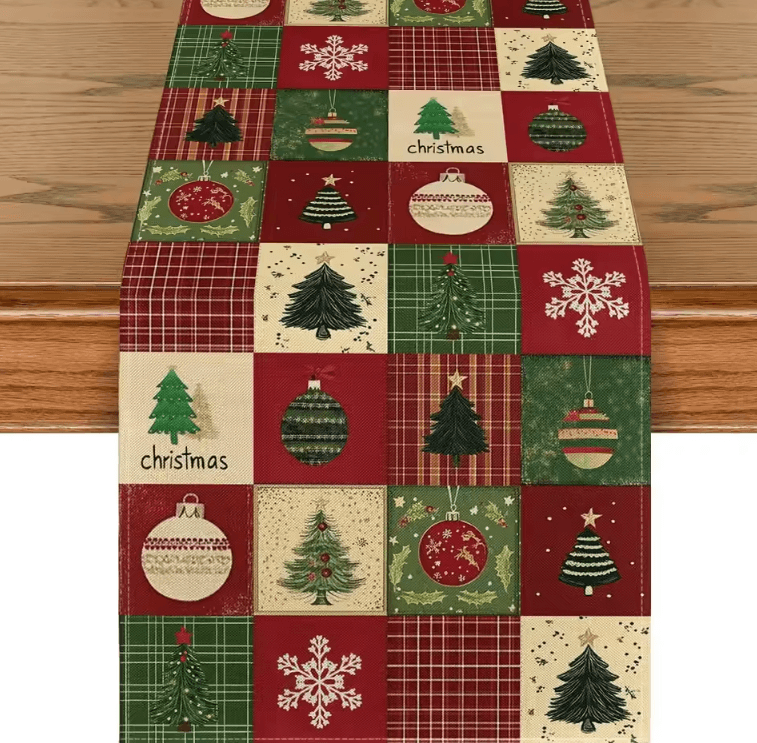 Christmas Plaid Snowflake Linen Table Runner – Festive Winter Dining Table Decor