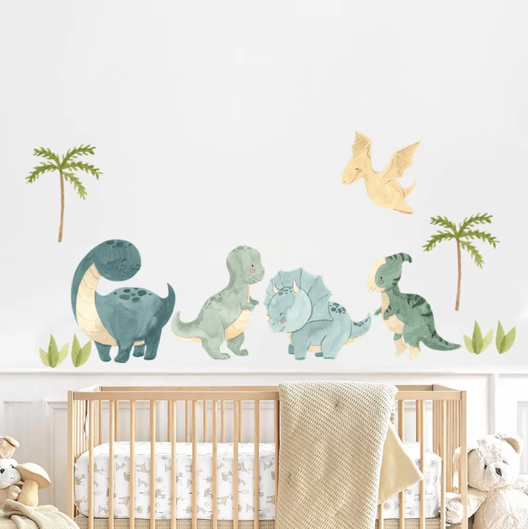 Watercolor Dinosaur Wall Stickers - Jungle Adventure Nursery & Kids Room Decor