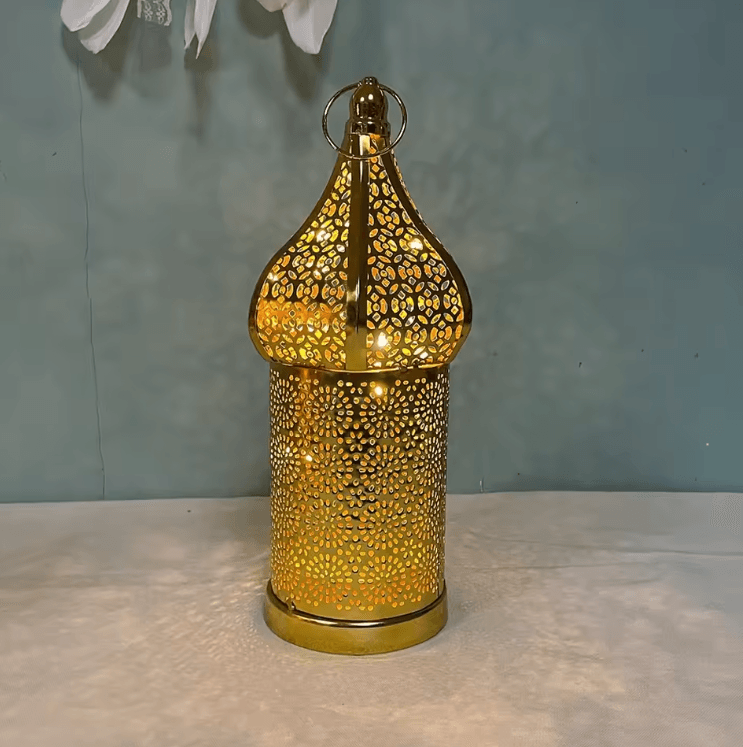 Elegant Moroccan Gold Lantern - Hollow Iron Ramadan Light for Warm Home Ambiance