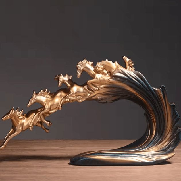 Add movement, power, and elegance to your space with this striking gold horse statue decor. Featuring a dynamic herd of