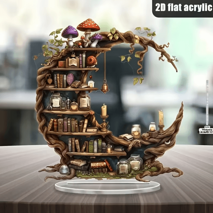 Bohemian Moon Acrylic Bookshelf Decor – 2D Crystal Hanging Art with Fairy Light Display