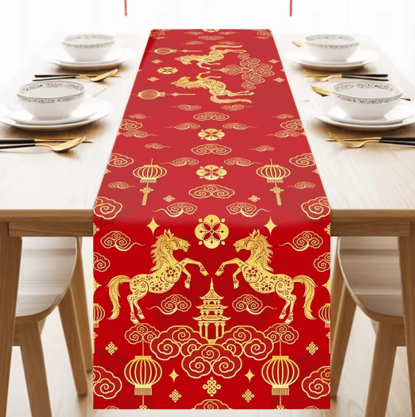 Chinese New Year Linen Table Runner - Zodiac Horse 2026 Spring Festival Dining Decor