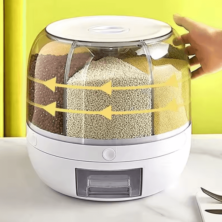 360 Rotating Grain Dispenser – 6-Grid Airtight Rice Storage Organizer