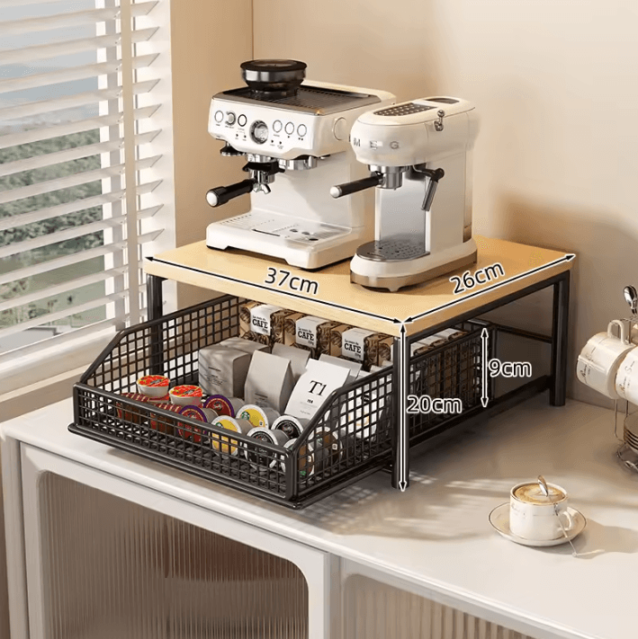 Modern Wooden Microwave Shelf Rack – Space-Saving Countertop Organizer with Metal Frame