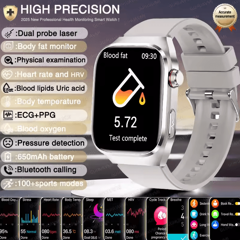 AI Laser Health Smartwatch with ECG PPG, Uric Acid & Blood Lipids Monitor