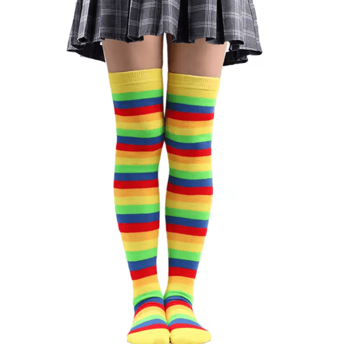 RainbowPop Kawaii Knee-High Socks – Colorful Striped Cosplay & Everyday Statement Stockings