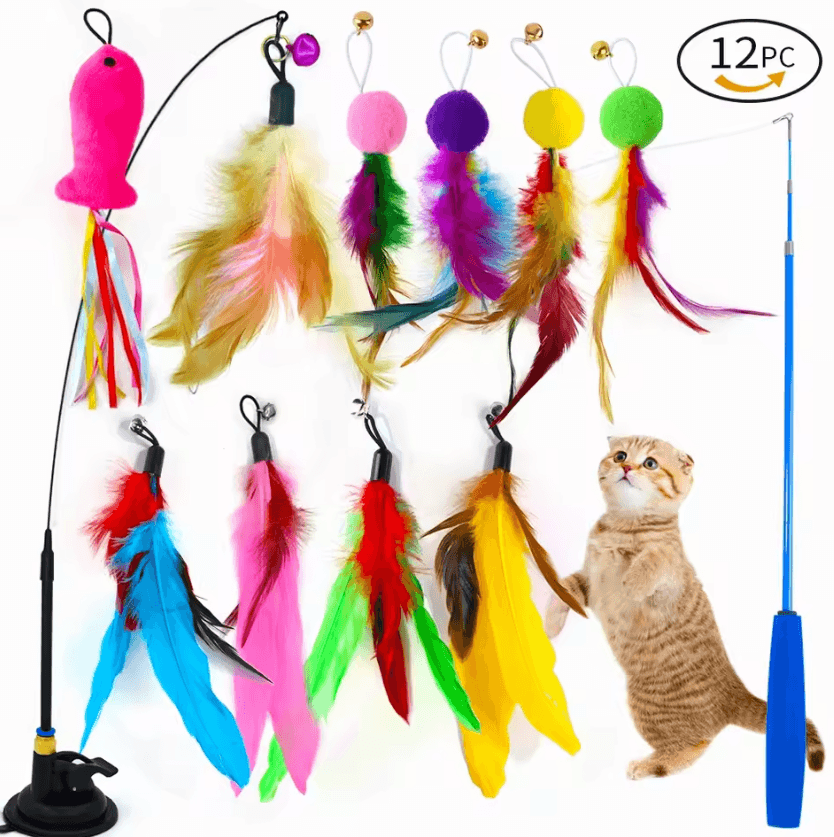 PurrPlay 12-Piece Suction Cup Cat Wand Toy Set