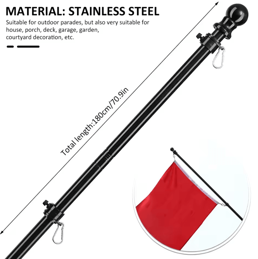 1.8M Stainless Steel Telescopic Flag Pole – 360° Tangle-Free Wall Mount Flag Pole Kit
