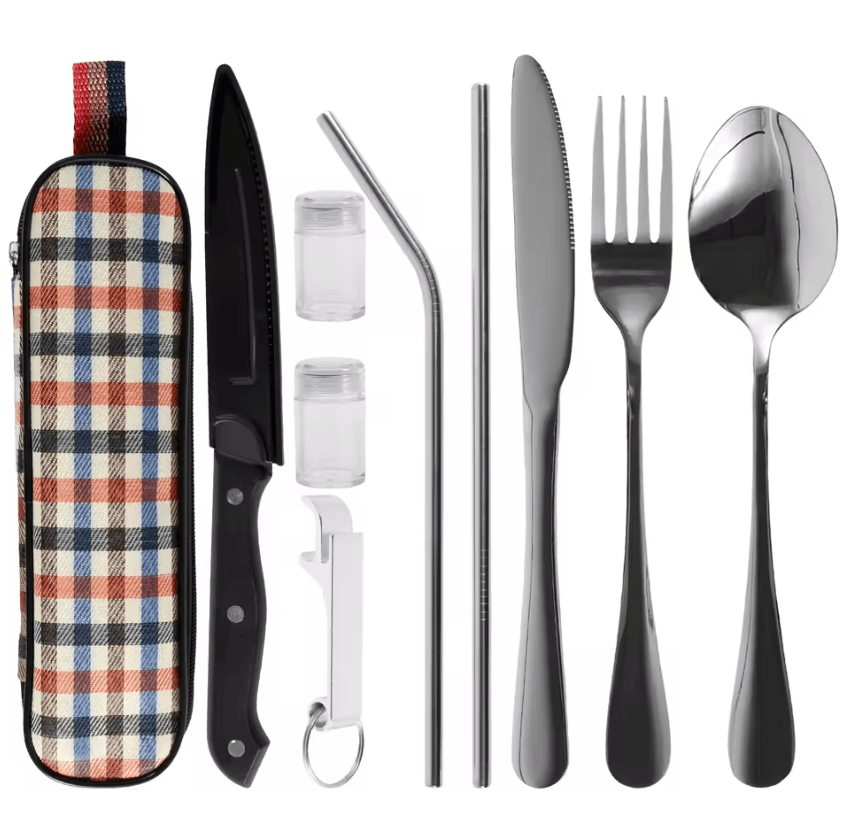 Portable Travel Cutlery Set Stainless Steel Camping Utensils with Storage Pouch 10 Pieces