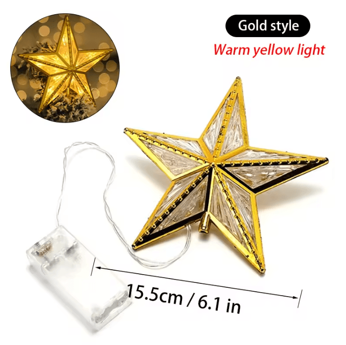 LED Christmas Tree Top Star Gold Pentagram Battery Operated Tree Topper Light