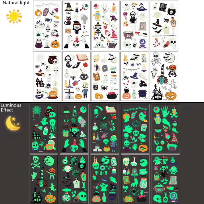 Glow-in-the-Dark Halloween Tattoo Stickers – 10 Sheets Halloween Temporary Tattoos for Kids & Adults