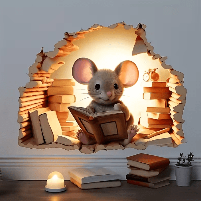 3D Reading Mouse Wall Sticker – Cute Vinyl Mouse Hole Decal for Home Decor