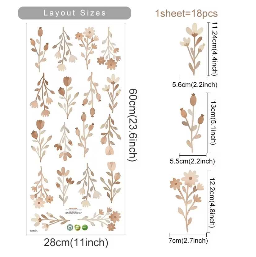 Boho Watercolor Flowers & Leaves Wall Sticker – Vinyl Nursery Wall Art Decal