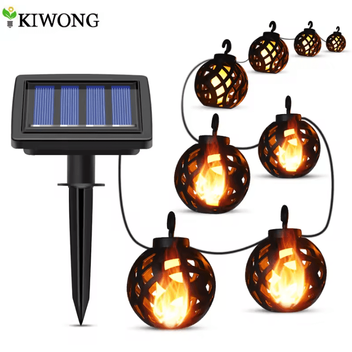 Solar Flickering Flame String Lights Outdoor 8-Ball Hanging Lanterns