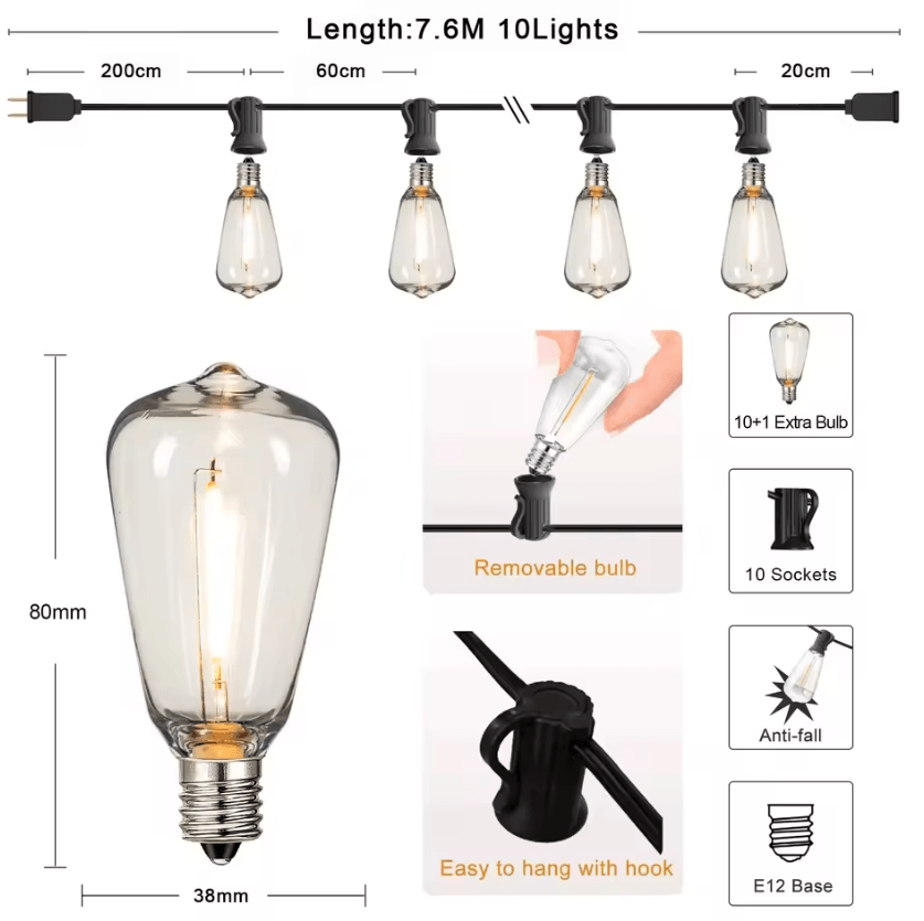 ST38 Outdoor LED String Lights with Shatterproof Dimmable Bulbs