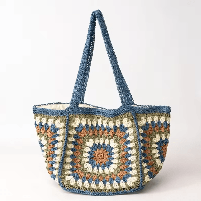 BohoBloom Granny Square Crochet Straw Tote Bag for Summer and Beach Style