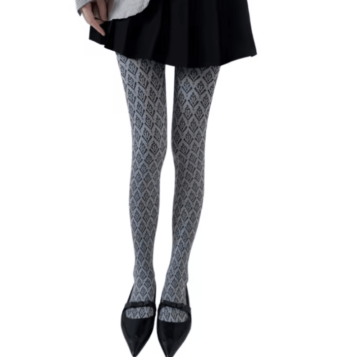 VintageBloom Dark Floral Jacquard Tights for Women with Elegant Japanese-Inspired Design