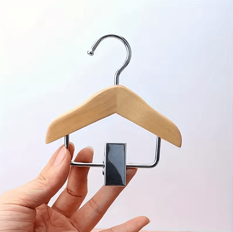 Mini Wooden Hangers with Stainless Steel Clips Space-Saving Organizer for Pet Clothes and Accessories