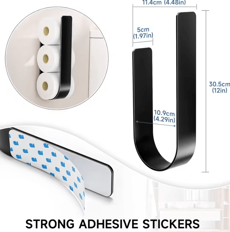 3-in-1 Wall-Mounted Toilet Paper Holder with Towel Rack & Hooks Black Metal Bathroom Organizer