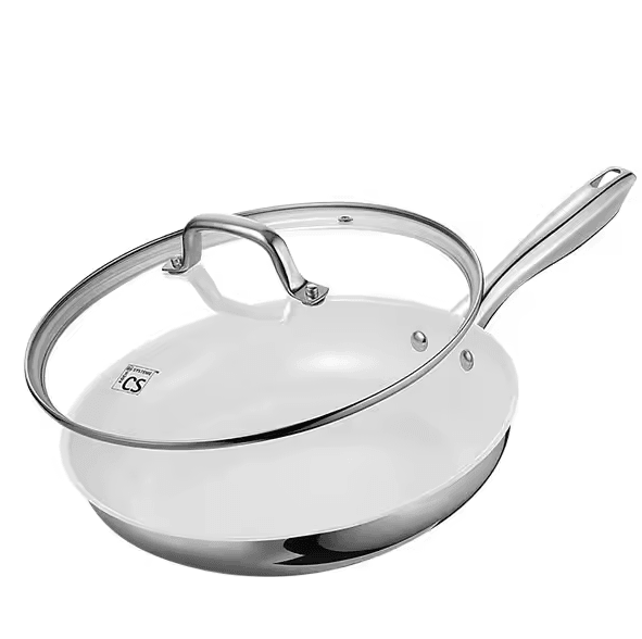 Premium 8-Inch Stainless Steel Frying Pan with White Ceramic Coating & Lid