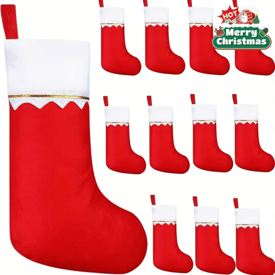 12-Piece Festive Red Christmas Stockings Set – Santa Claus & Reindeer Design