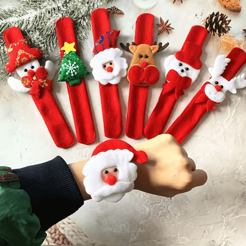 12 Christmas Clap Bracelets – Holiday Party Gifts with Santa Claus, Snowman & Reindeer Designs