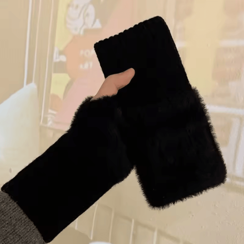 Solid Color Plush Woolen Knitted Touch Screen Half Finger Gloves – Autumn & Winter Warm Luxury Gloves for Women