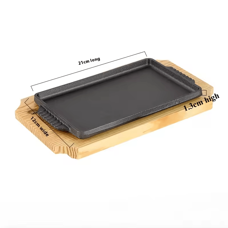 Cast Iron Sizzling Hot Plate | Rectangle Barbecue Steak Pan with Wooden Base for Teppanyaki & Grilled Fish